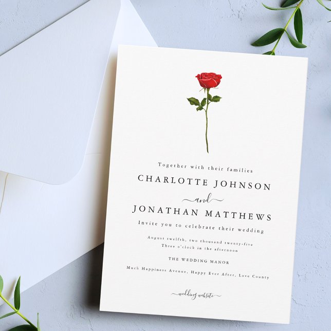 Convites Script Elegante de Rosa vermelha Simples (Simple red rose elegant modern wedding invitation Watercolor floral stylish script)