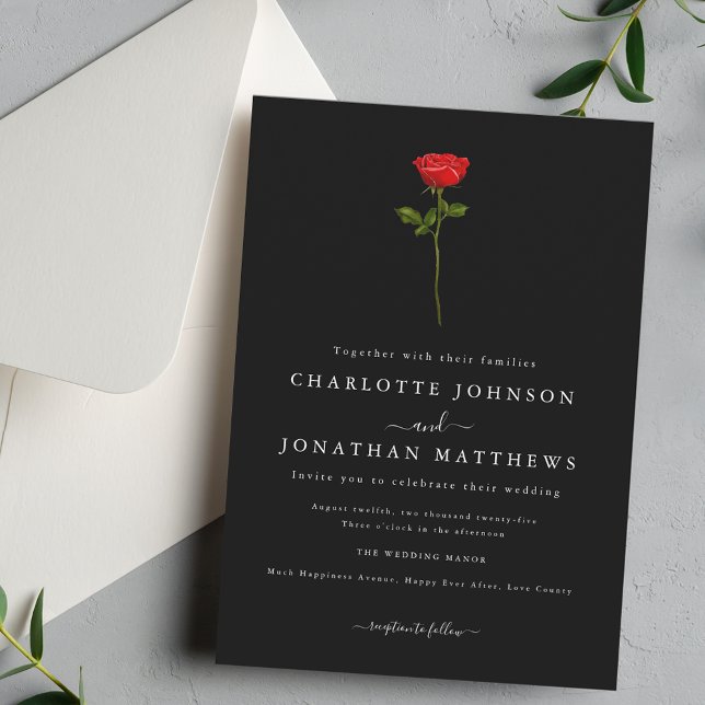 Convites Script Elegante de Rosa vermelha Simples Preto e B (Simple red rose elegant modern script black and white wedding invitation Watercolor floral)