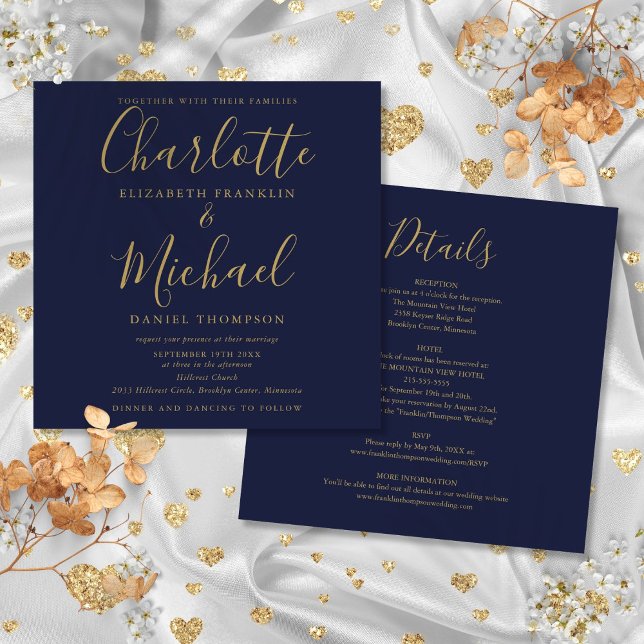 Convites Script Elegante Dourado Azul marinho Tudo Em Um Ca (Navy Blue Gold Elegant Script All In One Wedding Invitation)