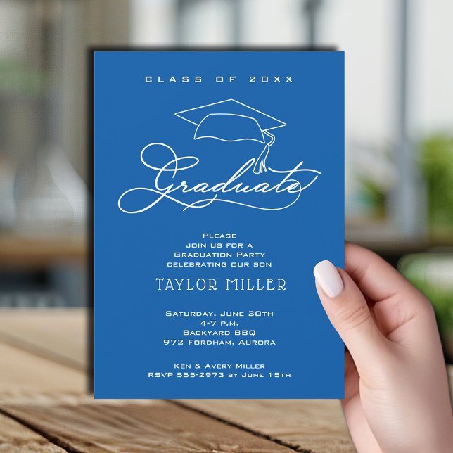 Convites Script Elegante e Graduação Azul do Boné de Forman (Elegant Grad Cap Blue Graduation Invitations, PRINTED and/or INSTANT DOWNLOAD)