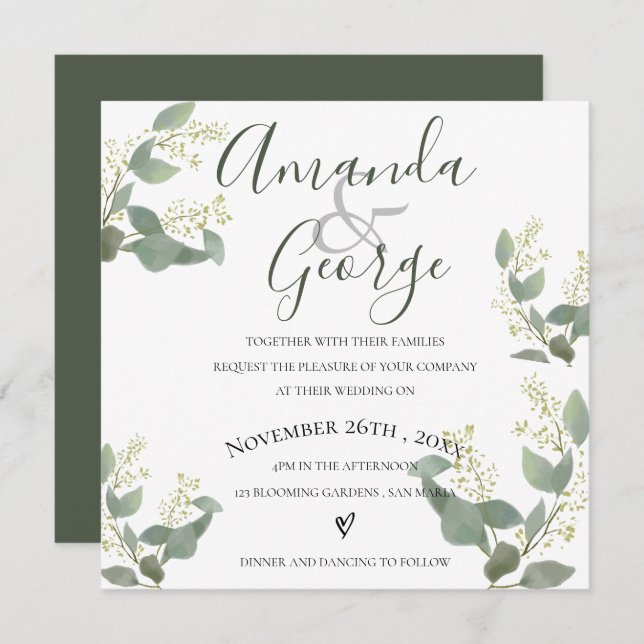Convites Script Elegante | Eucalyptus | Casamento (Frente/Verso)