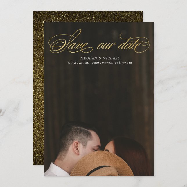 Convites script elegante faux foil de ouro Foto Salvar Data (Frente/Verso)