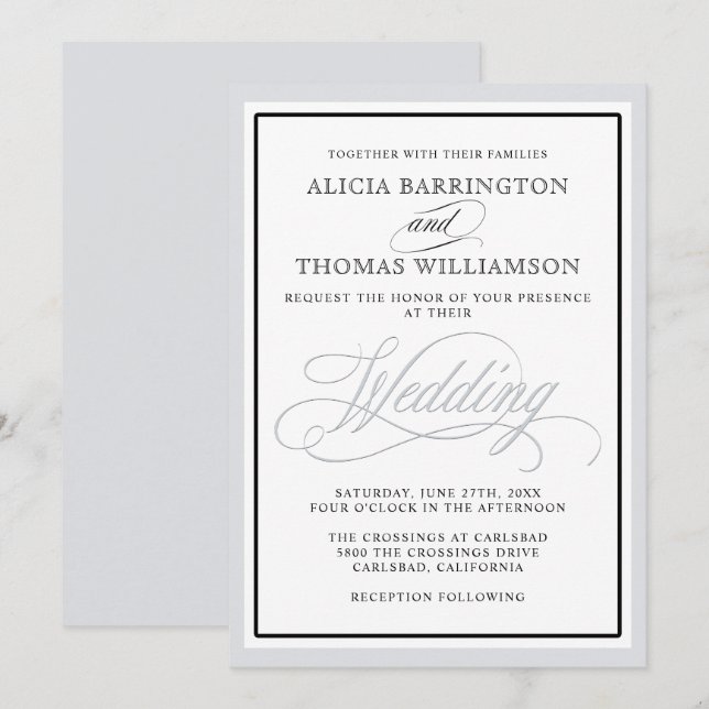 Convites Script Elegante floresce com qualquer borda pratea (Frente/Verso)