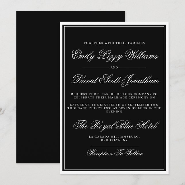 Convites Script Elegante preto clássico tradicional (Frente/Verso)