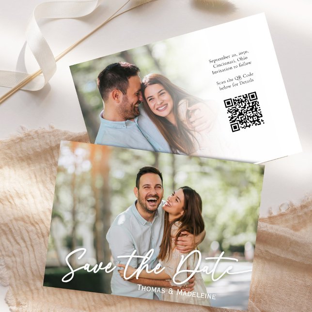 Convites Script Elegante Salva o Casamento de Foto de Data (Save the date photo card template with a scannable QR Code. )
