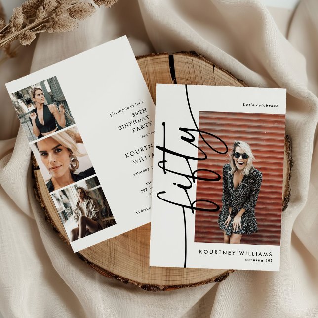 Convites Script Fifty 4 Photo Collage 50th Birthday (Criador carregado)