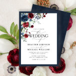 Convites Script Floral de Aquarela Azul-Burgundy marinho<br><div class="desc">Baseado no nosso Chá de panela mais vendido, este maravilhoso e elegante convite para casamento apresenta um buquê de flores azuis marinhos e burgundy e verde botânico, e é bordado em um rico azul marinho. Personalize seus detalhes acentuados com uma bela caligrafia feita à mão. A parte traseira da placa...</div>