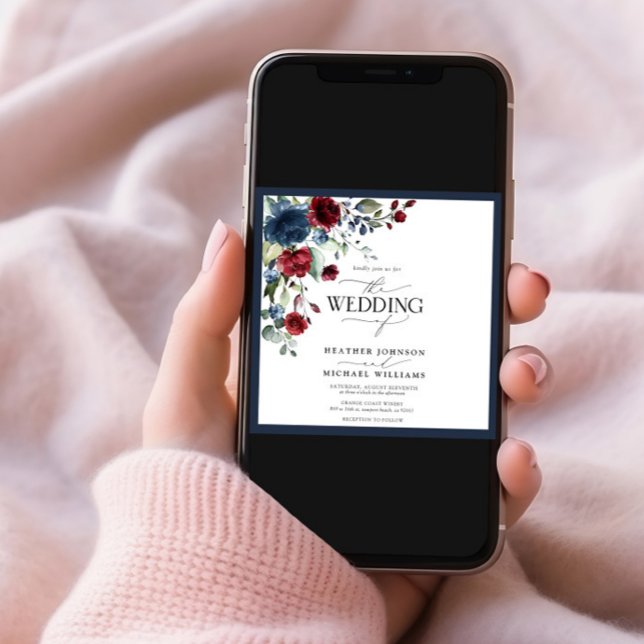 Convites Script Floral de Aquarela Azul-Burgundy marinho (Criador carregado)