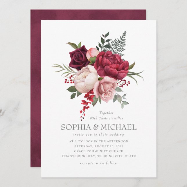 Convites Script Floral de Prata Floral de Rosa Burgundy Pin (Frente/Verso)