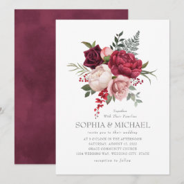 Convites Script Floral de Prata Floral de Rosa Burgundy Pin