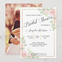 Convites Script Floral Elegante rosa n Chá de panela Dourad