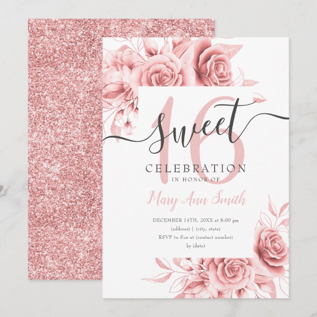 Convites Script Floral & Glitter Sweet 16 Simples, Dourado  (Frente/Verso)