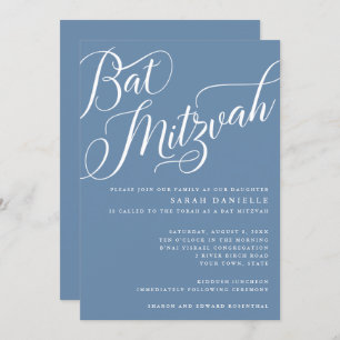Convites Script Flourish Moderno, Dusty Blue Bat Mitzvah