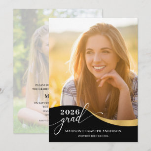 Convites Script Forma Moderna Foto Formatura Preto & Dourad