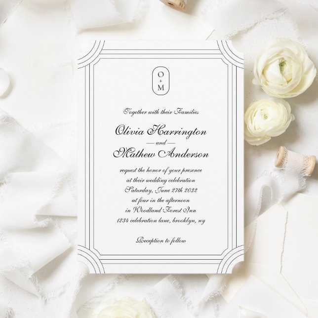 Convites Script Formal com Casamento Monograma de Quadro Ge (Criador carregado)