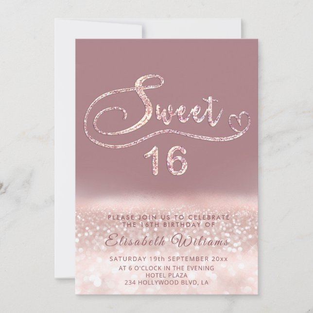 Convites Script Glam rosa gold glitter adorável ombre Invi (Frente)