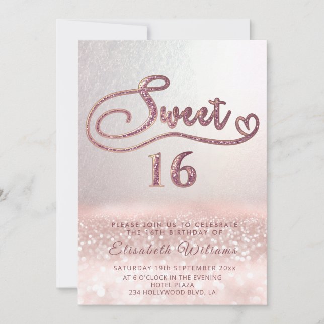 Convites Script Glam rosa gold glitter adorável ombre Invi (Frente)