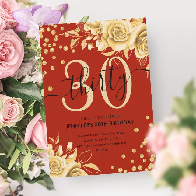 Convites Script Glitter Floral Vermelho Dourado do Glam (Glam Gold Red Floral Glitter 30th Birthday Script Invitation)