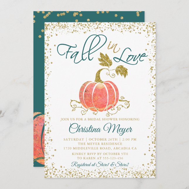 Convites Script Glitter Pumpkin Cai no Chá de panela de Amo (Frente/Verso)