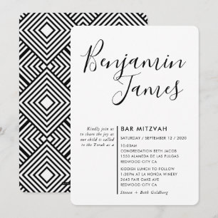 Convites SCRIPT MINIMAL simples Bar moderno Mitzvah negro