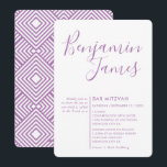 Convites SCRIPT MINIMAL simples Bar moderno Mitzvah púrpura<br><div class="desc">por kat massard >> WWW.SIMPLYSWEETPAPERIE.COM <<< Um super-na moda e design de convite sofisticado para o BAR/BAT MITZVAH do seu filho! Dica: 1. Para alterar/mover gráficos e fontes e adicionar mais texto - pressione o botão "personalizar". - - - - - - - - - - - - - -...</div>