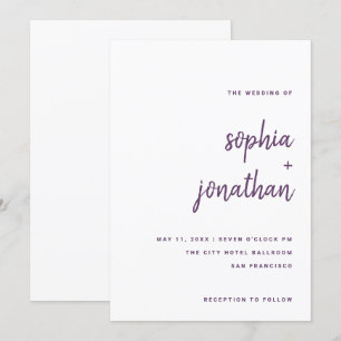 Convites Script Minimalista Moderno Roxo em Branco  Casamen