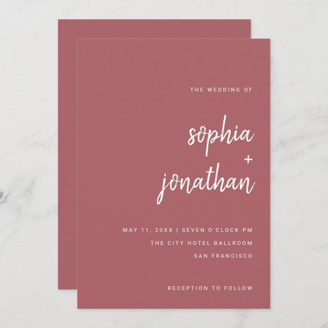 Convites Script Minimalista Moderno Terra Rosa | Casamento (Frente/Verso)