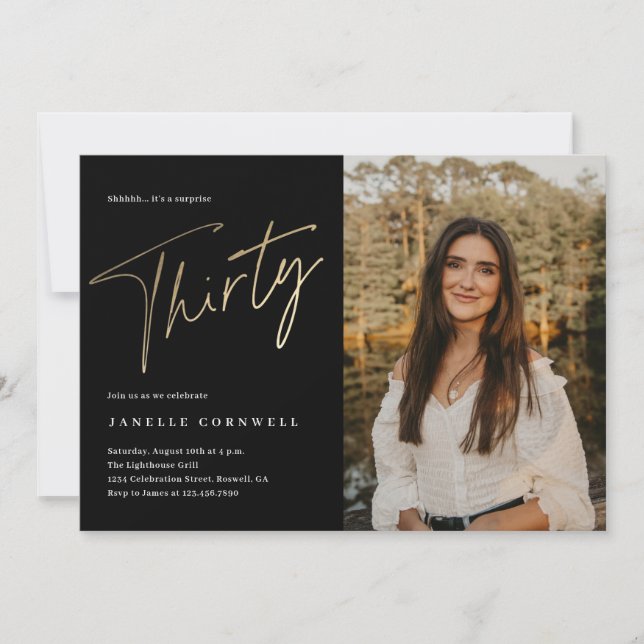 Convites Script mínimo preto e aniversário de 30 anos Doura (Frente)