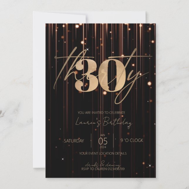 Convites Script mínimo preto e aniversário de 30 anos Doura (Frente)