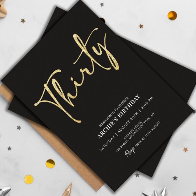 Convites Script mínimo preto e aniversário de 30 anos Doura (30th birthday invitation handwritten script modern black gold glitter)