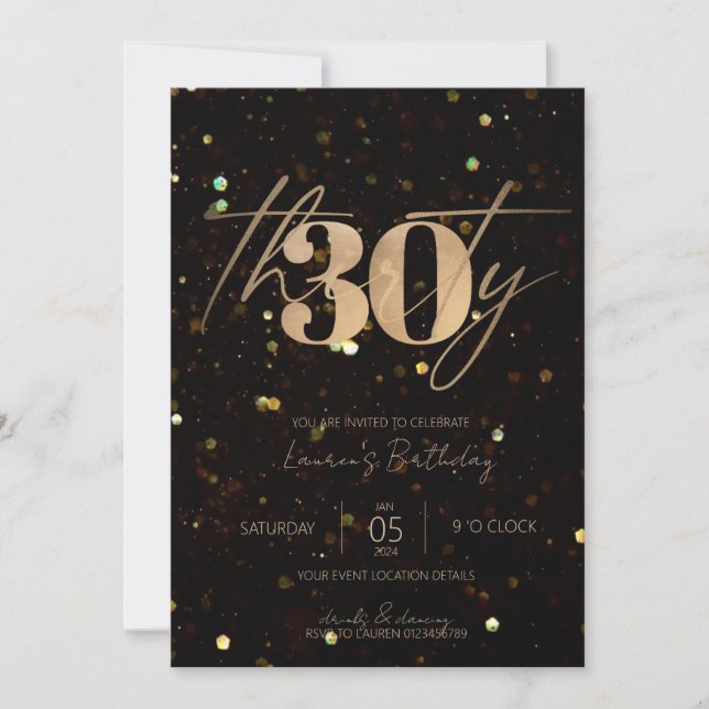 Convites Script mínimo preto e aniversário de 30 anos Doura (Frente)