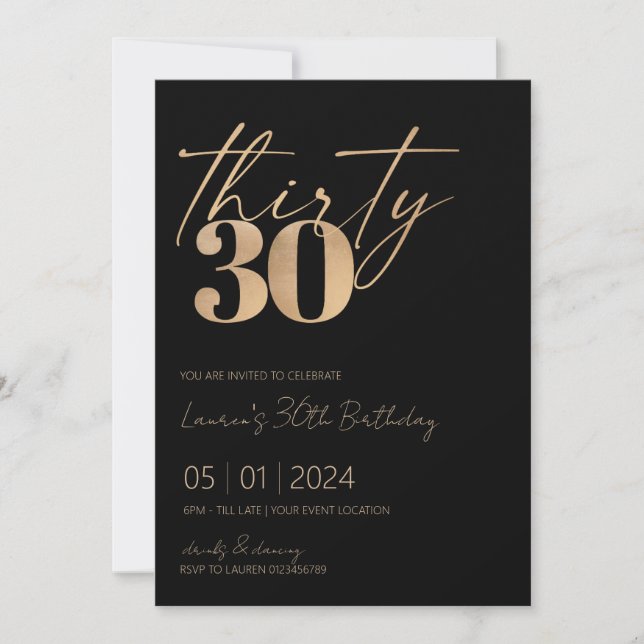 Convites Script mínimo preto e aniversário de 30 anos Doura (Frente)