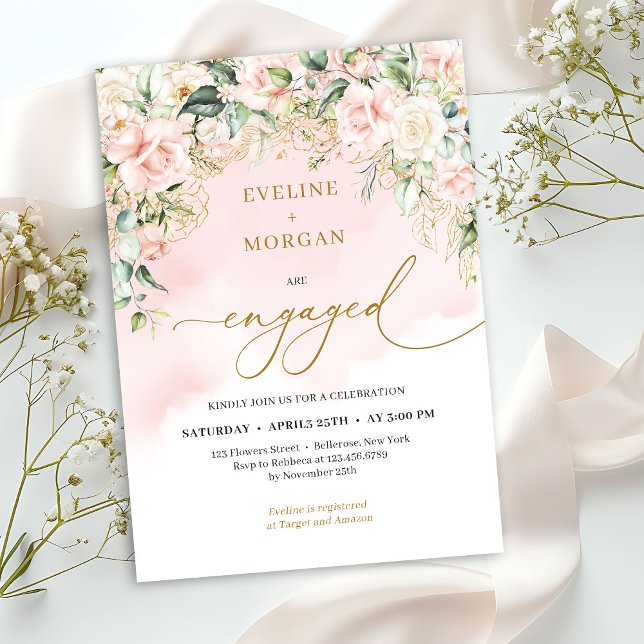 Convites Script moderno boho blush rosa sage e gold (Elegant watercolor pale pink roses sage green and gold engagement invitation digital)