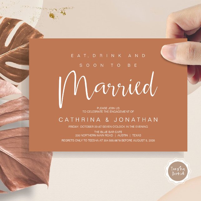 Convites Script Moderno, Celebração de Partido Janto de Noi (Modern Script, Engagement Dinner Party Invitation Card, Eat, Drink, Soon To Be Married, in Rust)