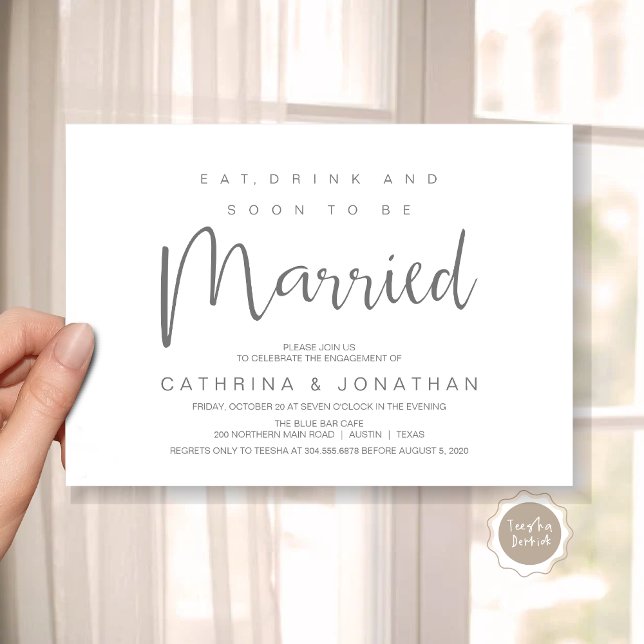 Convites Script Moderno, Celebração de Partido Janto de Noi (Modern Script, Engagement Dinner Party Invitation Card, Eat, Drink, Soon To Be Married, Dark Grey)