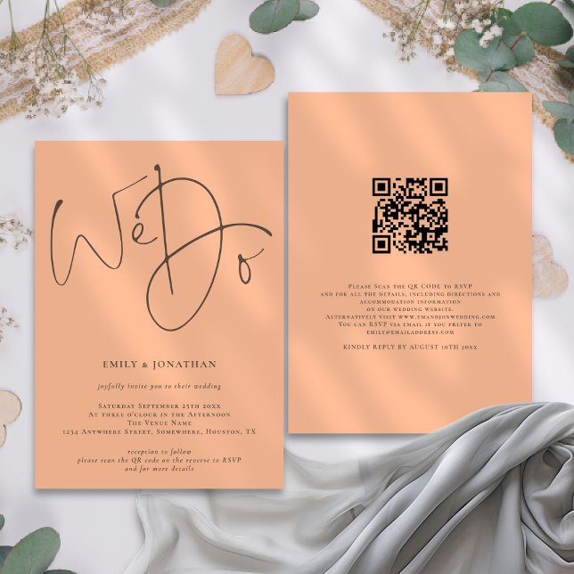 Convites Script Moderno Fazemos Casamento de Código QR Peac (Front and back view. Available digitally and printed)