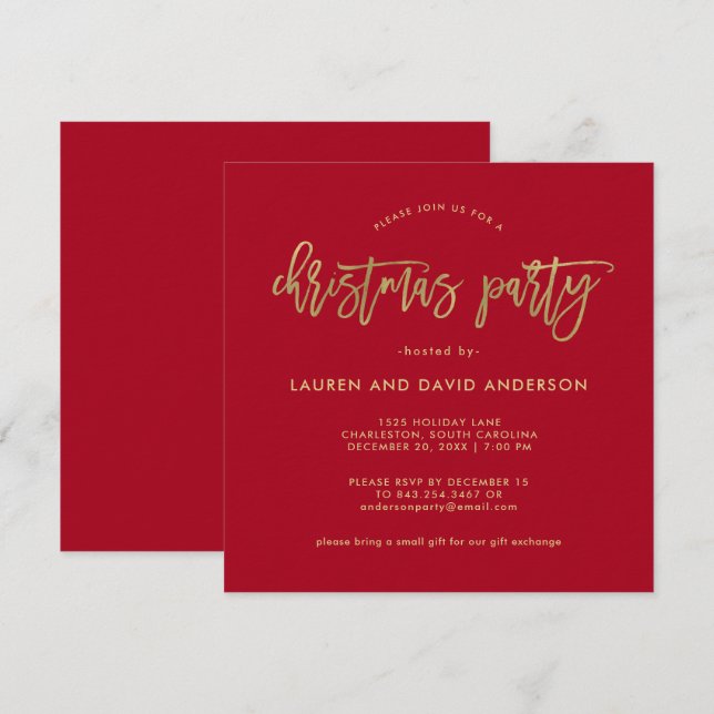 Convites Script Moderno | Festa Dourada de Natal Vermelha e (Frente/Verso)