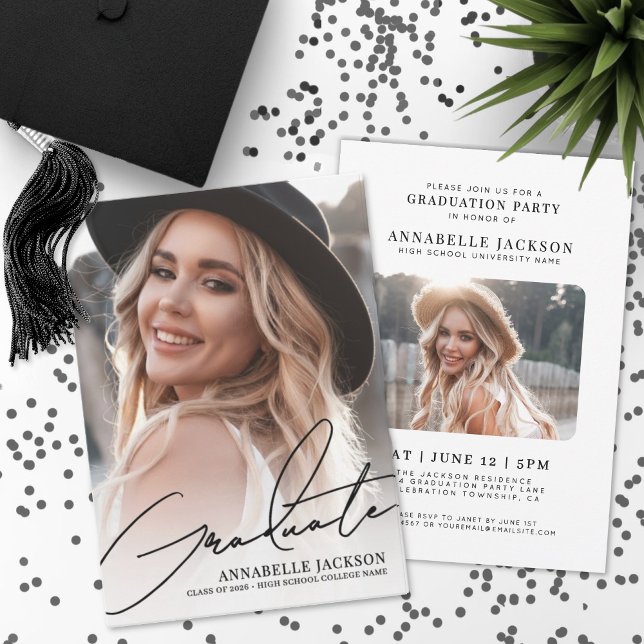 Convites Script Moderno Graduado Simples Foto Graduação (Trendy Script Graduate Simple Photo Graduation Invitation)