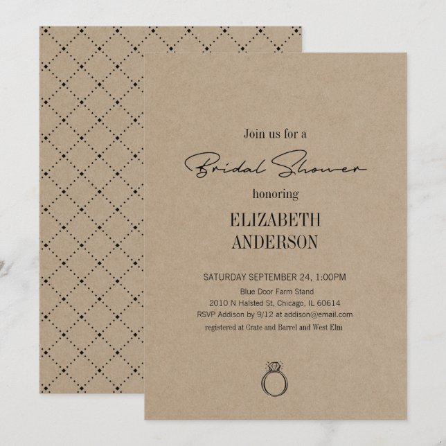 Convites Script Moderno Russo Kraft Com Chá de panela Anel (Frente/Verso)