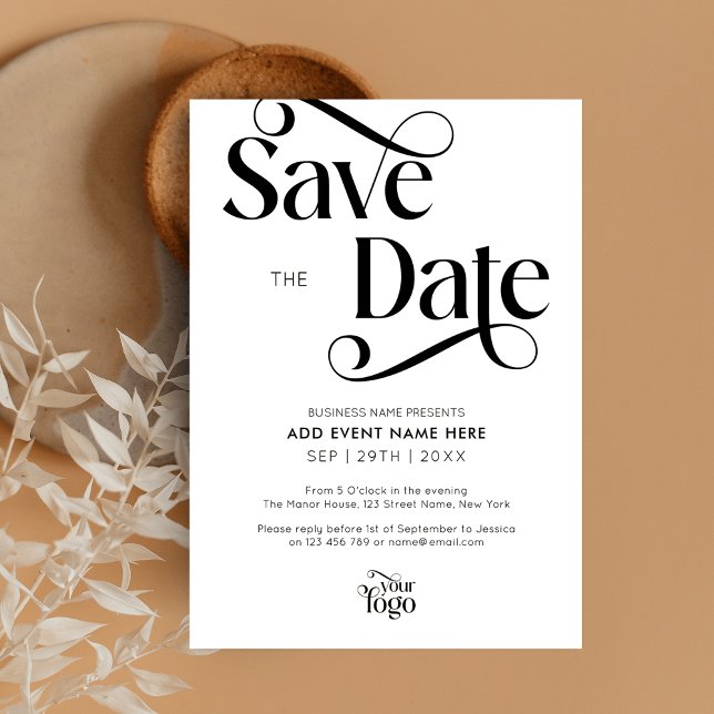 Convites Script Moderno Simples Evento De Negócios Salvar A (Sophisticated Save The Date cards in black and white, featuring trendy swirly serif fonts)
