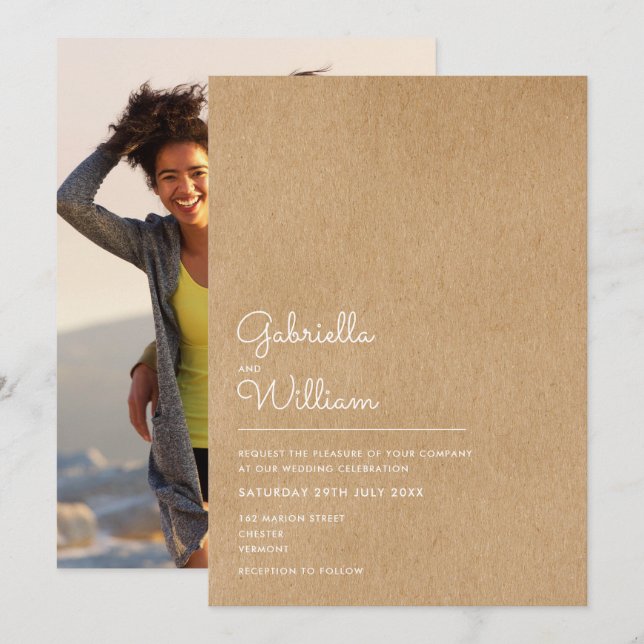 Convites Script Natural Simples Rústico Kraft Casamento Fot (Frente/Verso)