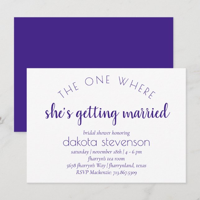 Convites Script Purple Simples | Um Onde Ela Se Casou (Frente/Verso)