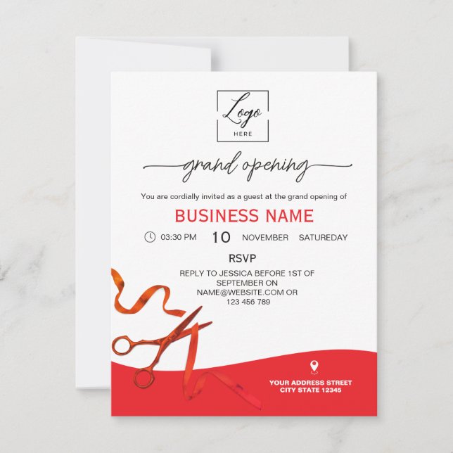 Convites Script Red Ribbon Cutting Grand Opening Invitation (Frente)