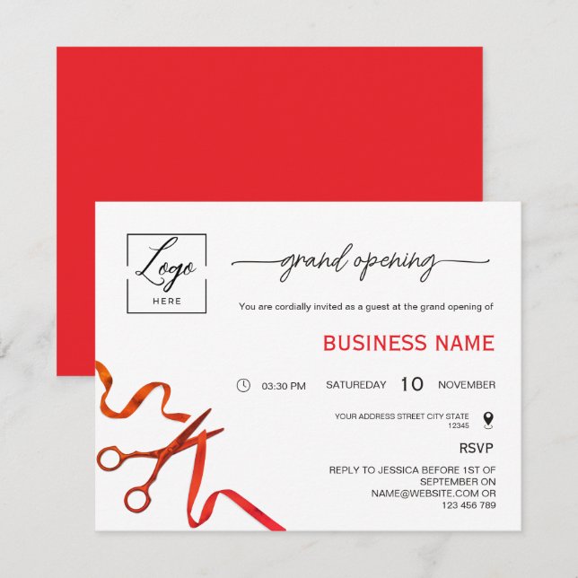 Convites Script Red Ribbon Cutting Grand Opening Invitation (Frente/Verso)
