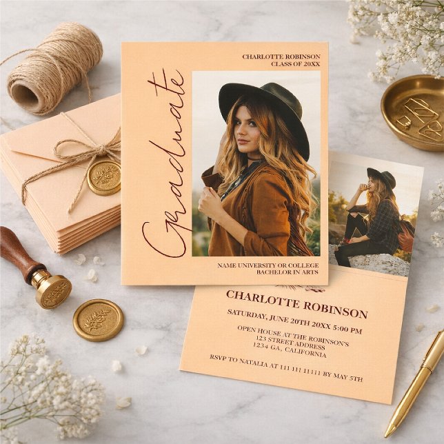 Convites Script retro Light Peach graduado foto formatura (Criador carregado)