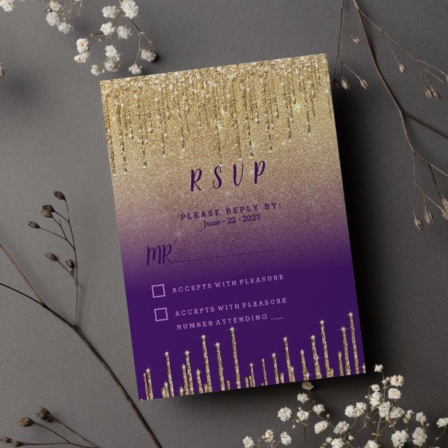 Convites Script RSVP de gotas ombreiras douradas roxas (Purple gold glitter ombre drips script RSVP )