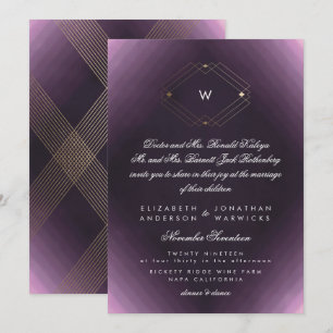 Convites Script Simples de Monograma Moderno Roxo Dourado