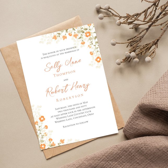 Convites Script Simples Floral de Peach Casamento Elegante (Elegant peach floral wedding invitation with a monogram on the backside. )