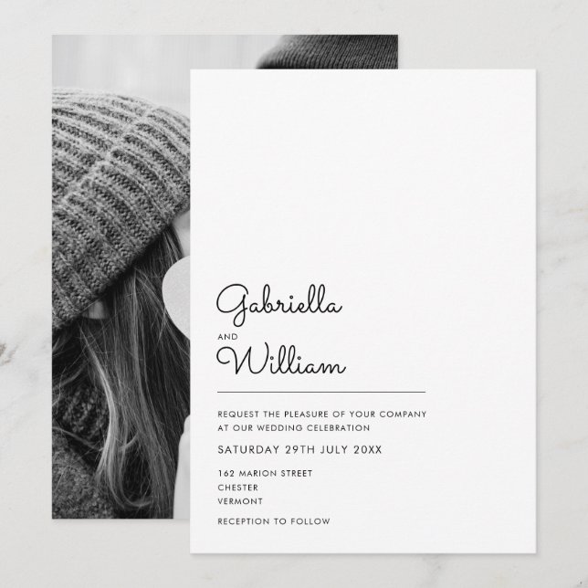 Convites Script Simples Minimalista Casamento Foto (Frente/Verso)