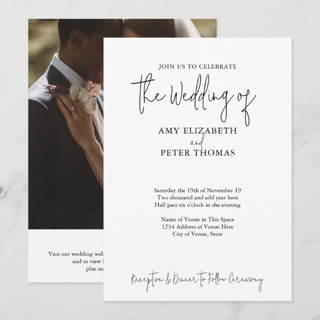 Convites Script Simples, Minimalista - QR - Foto de Casamen (Frente/Verso)